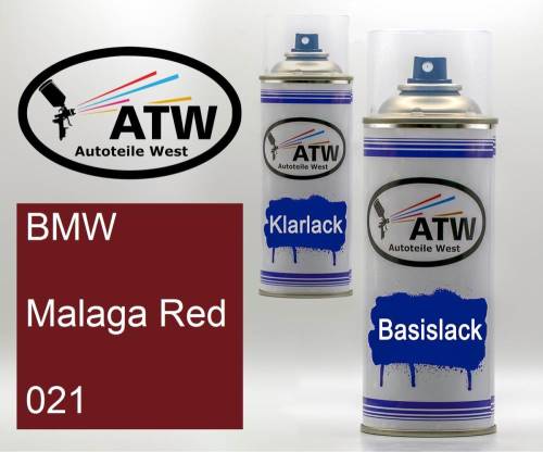 BMW, Malaga Red, 021: 400ml Sprühdose + 400ml Klarlack - Set, von ATW Autoteile West.